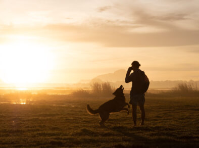 Vrouw wandelt met hond door het Sauerland bij zonsondergand