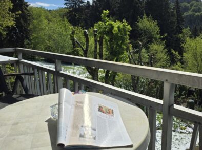 Balkon met uitzicht op de tuin en het bos in het Sauerland